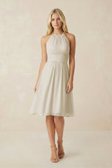 Halter A - Line Chiffon Midi Bridesmaid Dress in Dove Gray - KISS BRIDAL Bridesmaid Dresses