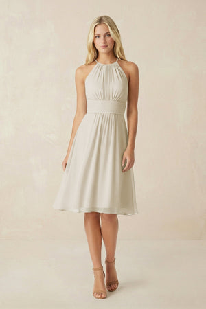 Halter A - Line Chiffon Midi Bridesmaid Dress in Dove Gray - SHE IS ME Bridesmaid Dresses