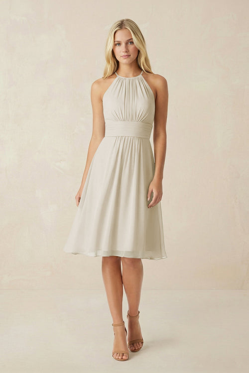 Halter A - Line Chiffon Midi Bridesmaid Dress in Dove Gray - SHE IS ME Bridesmaid Dresses