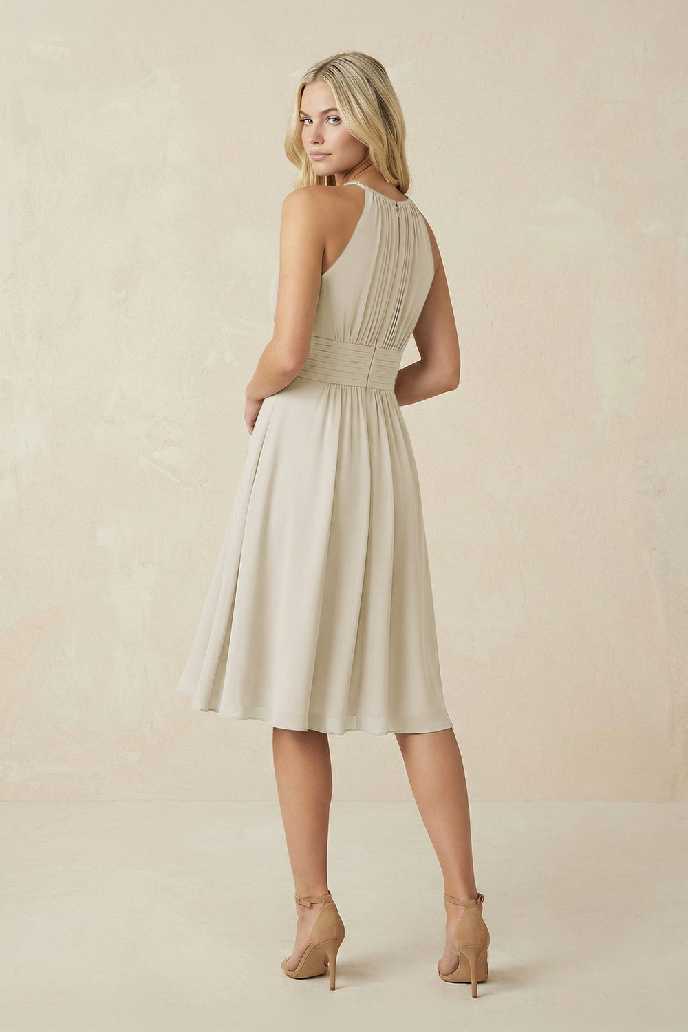 Halter A - Line Chiffon Midi Bridesmaid Dress in Dove Gray - KISS BRIDAL Bridesmaid Dresses