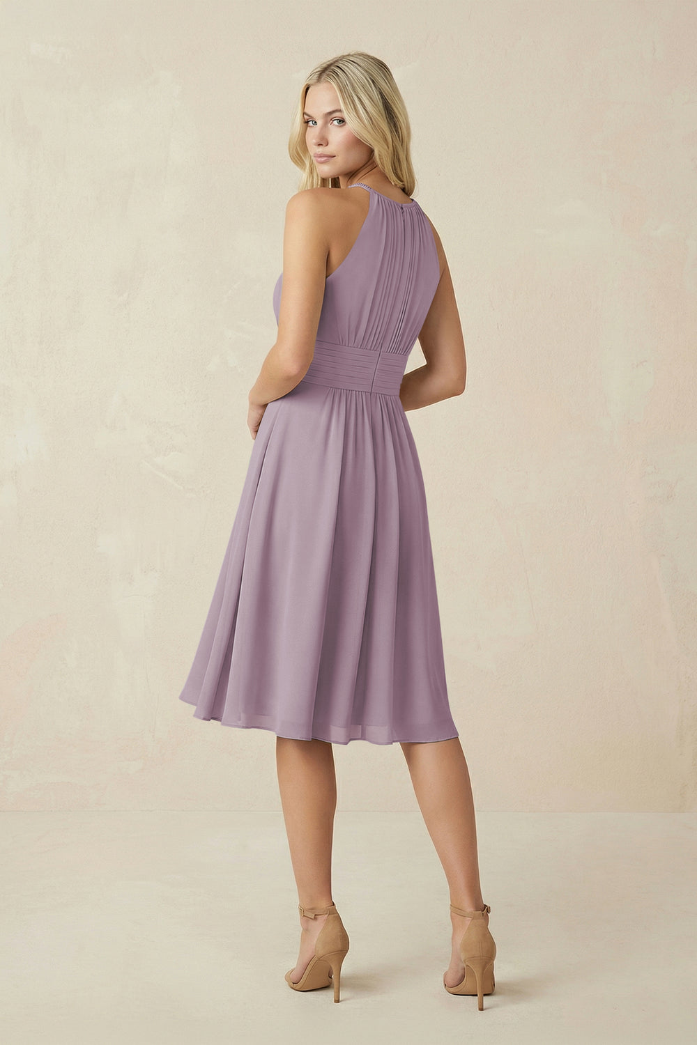 Halter A-Line Chiffon Midi Bridesmaid Dress in Dusk