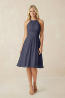 Halter A - Line Chiffon Midi Bridesmaid Dress in Dusk Blue - SHE IS ME Bridesmaid Dresses
