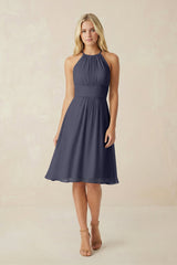 Halter A - Line Chiffon Midi Bridesmaid Dress in Dusk Blue - KISS BRIDAL Bridesmaid Dresses