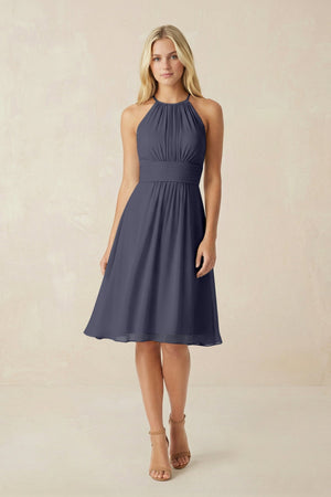 Halter A - Line Chiffon Midi Bridesmaid Dress in Dusk Blue - SHE IS ME Bridesmaid Dresses