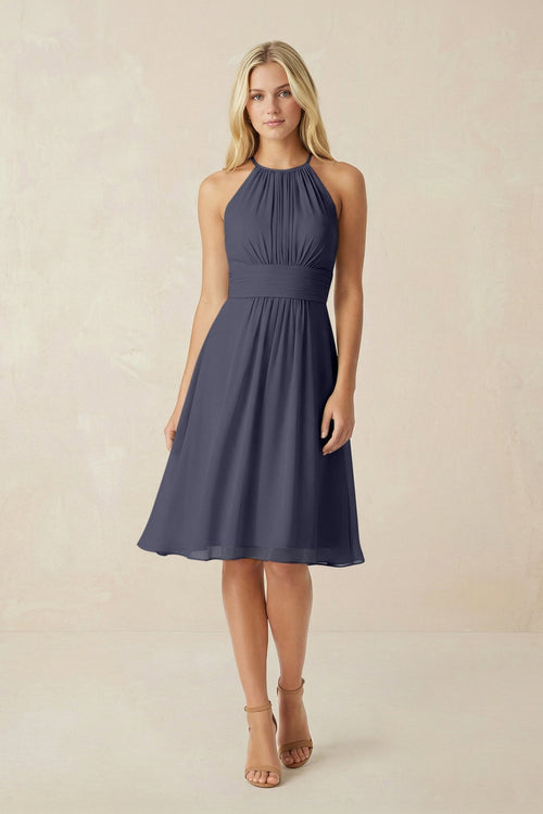 Halter A - Line Chiffon Midi Bridesmaid Dress in Dusk Blue - SHE IS ME Bridesmaid Dresses