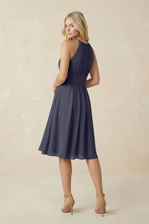 Halter A - Line Chiffon Midi Bridesmaid Dress in Dusk Blue - SHE IS ME Bridesmaid Dresses