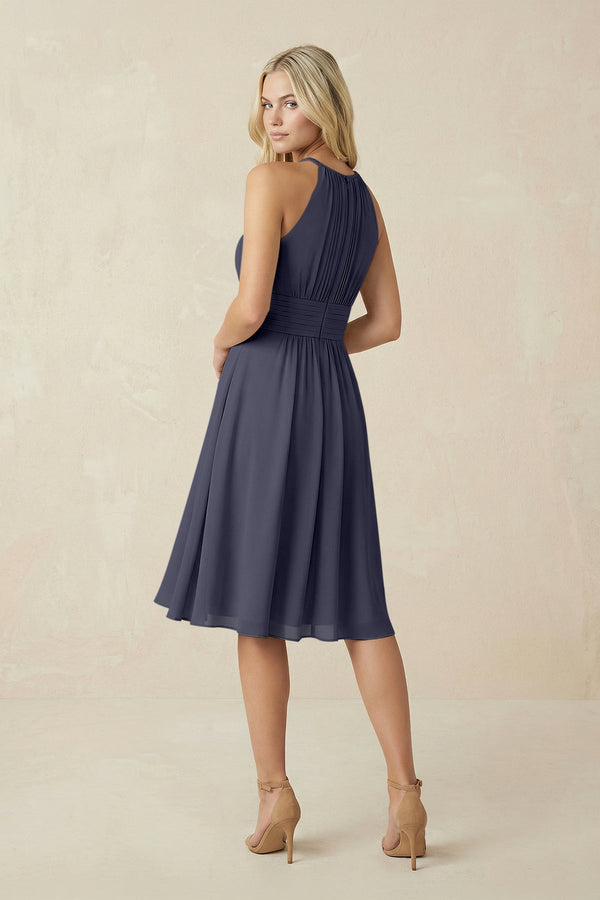 Halter A - Line Chiffon Midi Bridesmaid Dress in Dusk Blue - SHE IS ME Bridesmaid Dresses