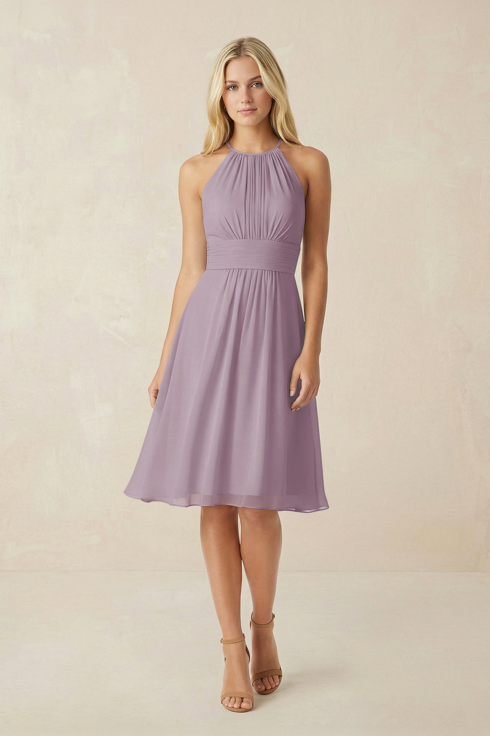 Halter A-Line Chiffon Midi Bridesmaid Dress in Dusk