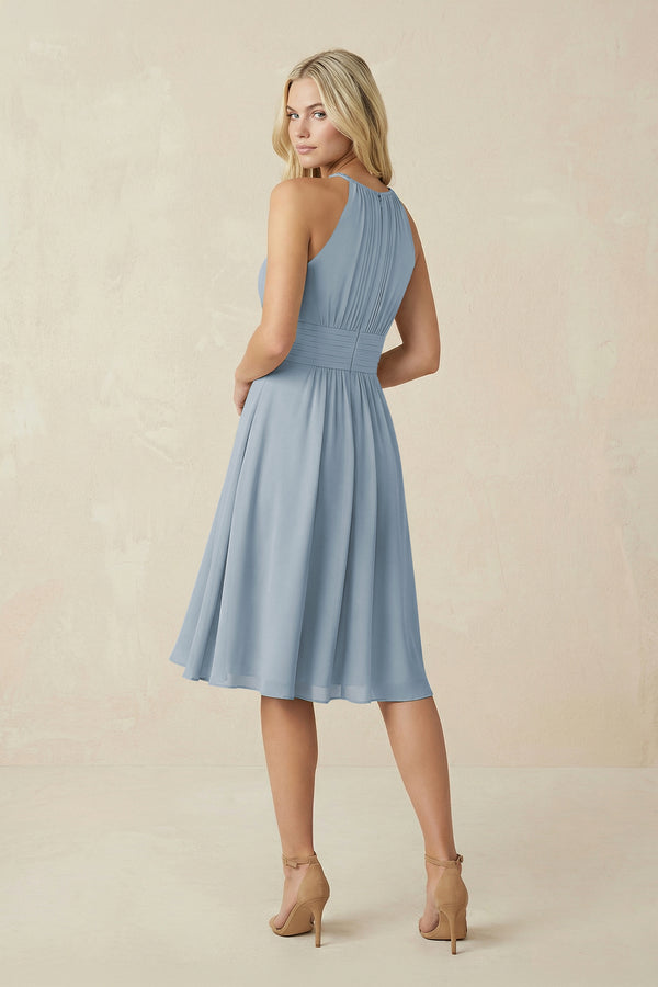 Halter A-Line Chiffon Midi Bridesmaid Dress in Dusty Blue (2) | KISSBRIDAL