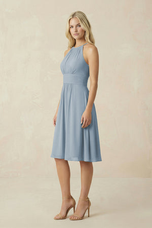 Halter A-Line Chiffon Midi Bridesmaid Dress in Dusty Blue (3) | KISSBRIDAL