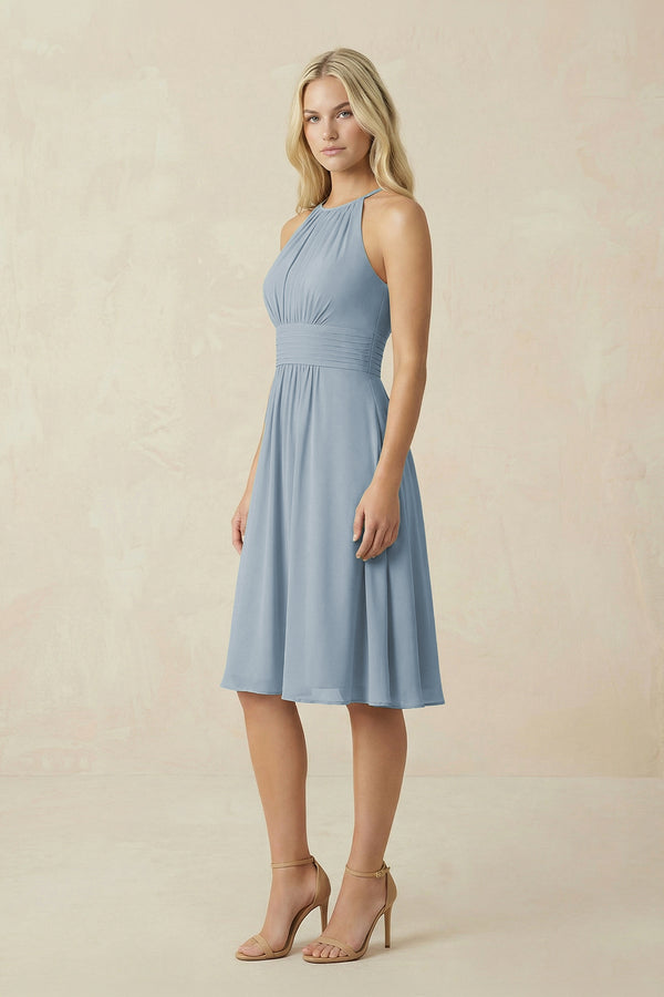 Halter A-Line Chiffon Midi Bridesmaid Dress in Dusty Blue (3) | KISSBRIDAL