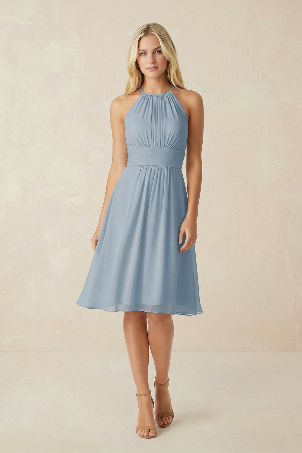 Halter A-Line Chiffon Midi Bridesmaid Dress in Dusty Blue