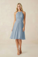 Halter A-Line Chiffon Midi Bridesmaid Dress in Dusty Blue | KISSBRIDAL