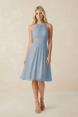 Halter A-Line Chiffon Midi Bridesmaid Dress in Dusty Blue | KISSBRIDAL