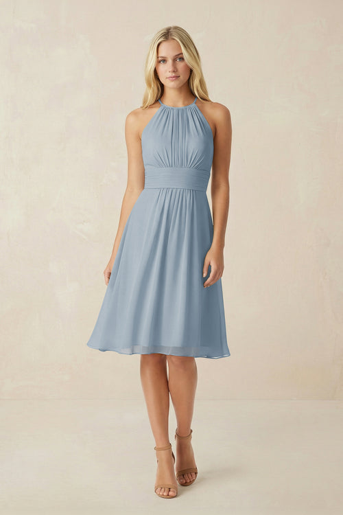 Halter A-Line Chiffon Midi Bridesmaid Dress in Dusty Blue | KISSBRIDAL