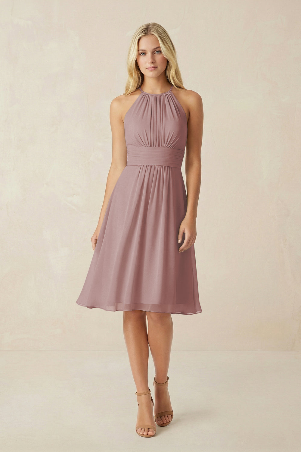 Halter A-Line Chiffon Midi Bridesmaid Dress in Dusty Rose