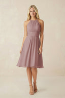 Halter A-Line Chiffon Midi Bridesmaid Dress in Dusty Rose | KISSBRIDAL