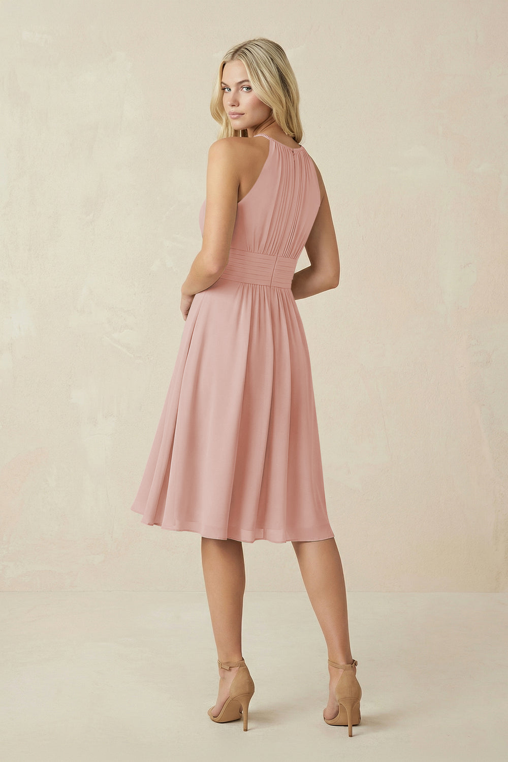 Halter A-Line Chiffon Midi Bridesmaid Dress in English Rose