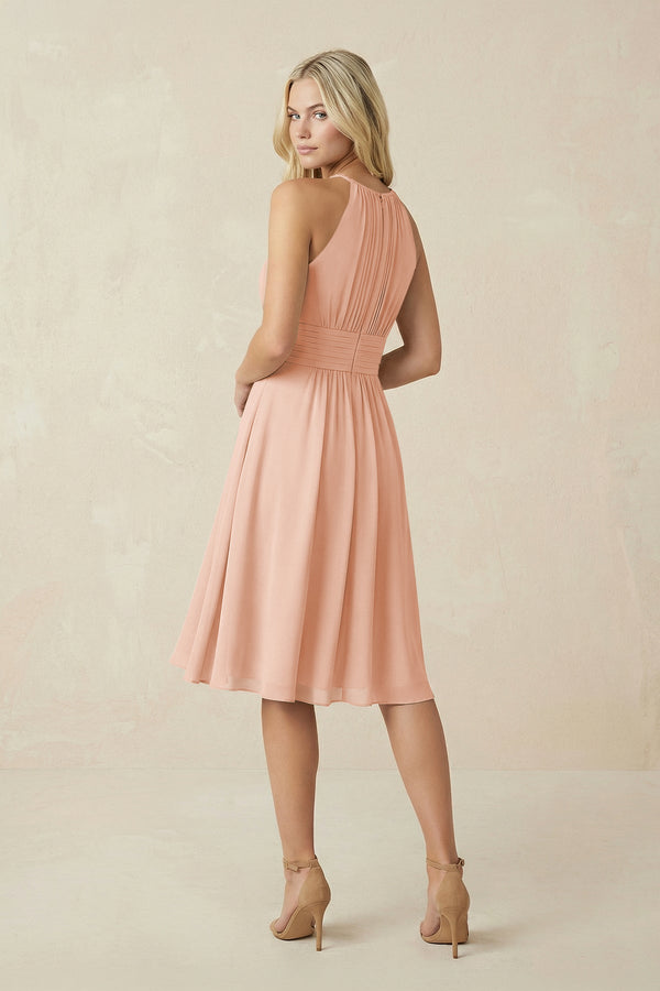 Halter A - Line Chiffon Midi Bridesmaid Dress in English Rose - SHE IS ME Bridesmaid Dresses