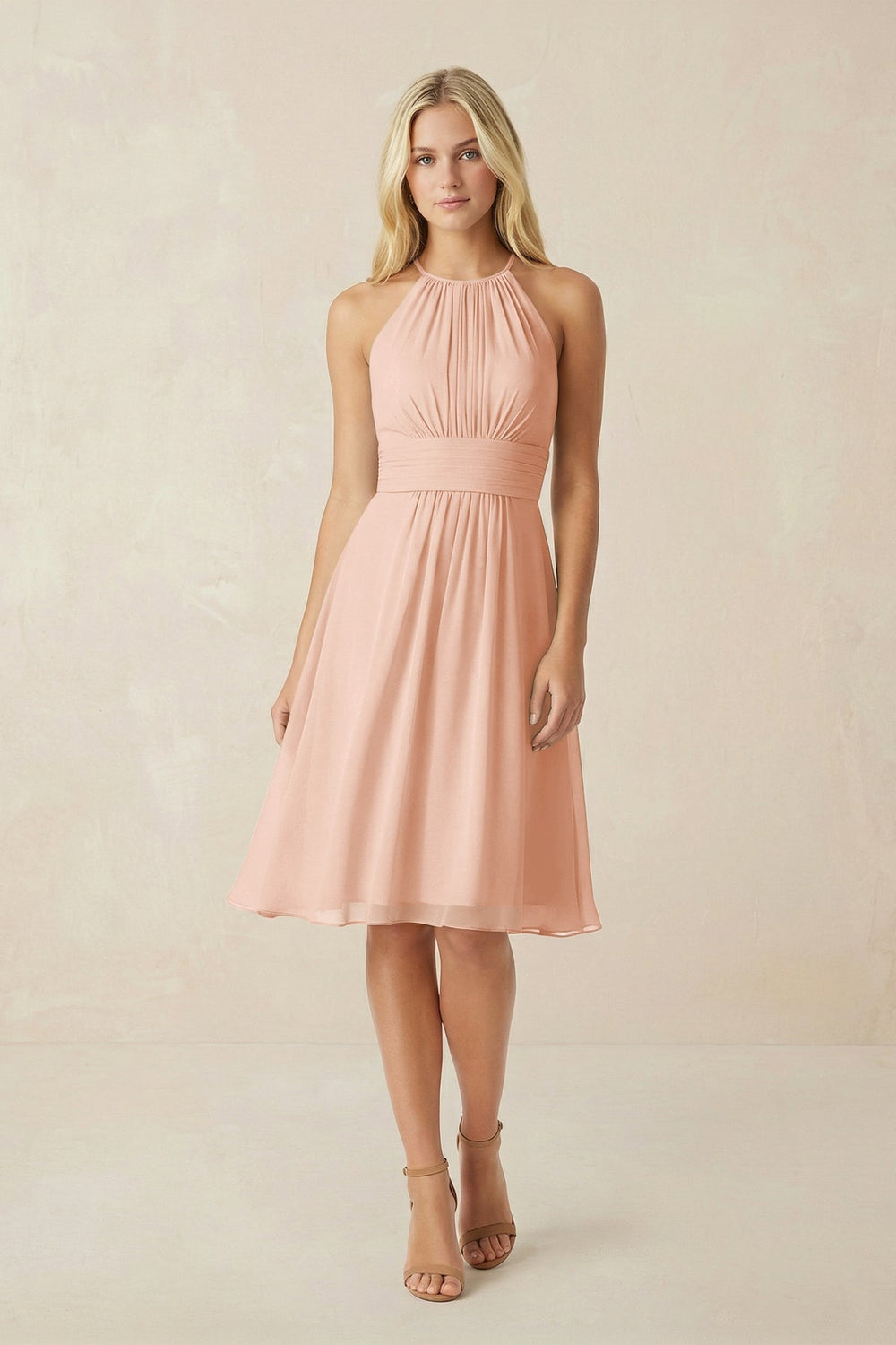 Halter A - Line Chiffon Midi Bridesmaid Dress in English Rose - KISS BRIDAL Bridesmaid Dresses