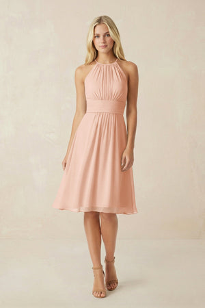 Halter A - Line Chiffon Midi Bridesmaid Dress in English Rose - SHE IS ME Bridesmaid Dresses