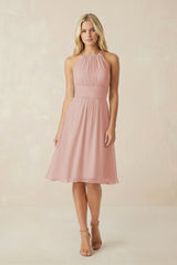 Halter A-Line Chiffon Midi Bridesmaid Dress in English Rose | KISSBRIDAL