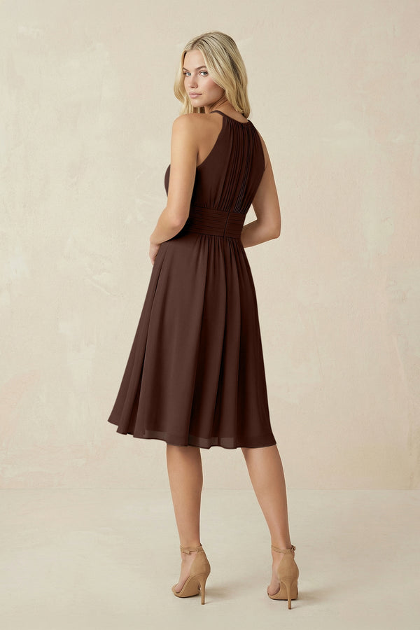 Halter A - Line Chiffon Midi Bridesmaid Dress in Espresso - SHE IS ME Bridesmaid Dresses