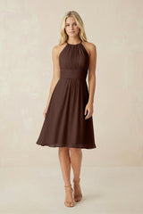 Halter A - Line Chiffon Midi Bridesmaid Dress in Espresso - KISS BRIDAL Bridesmaid Dresses