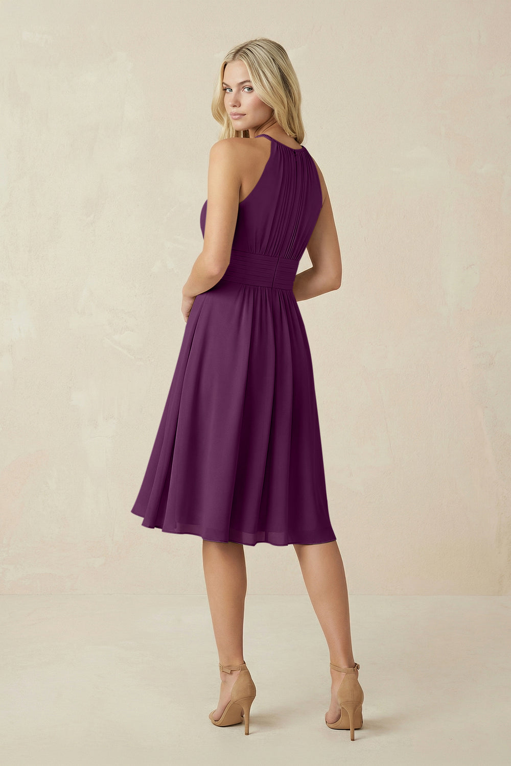 Halter A-Line Chiffon Midi Bridesmaid Dress in Fig