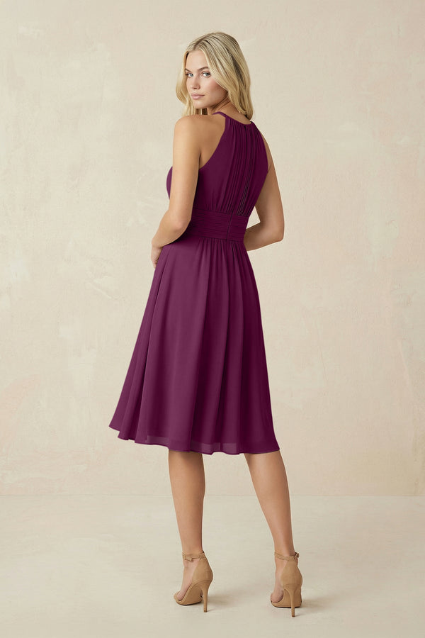 Halter A - Line Chiffon Midi Bridesmaid Dress in Fig - SHE IS ME Bridesmaid Dresses