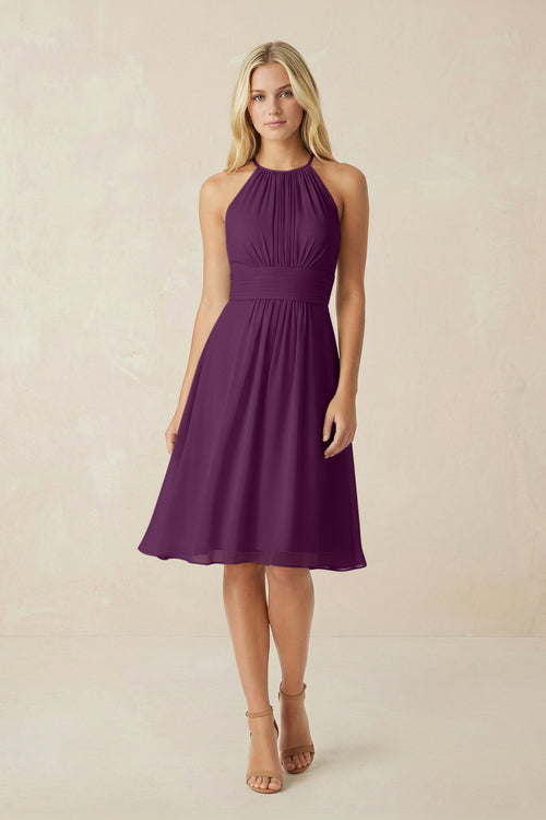 Halter A-Line Chiffon Midi Bridesmaid Dress in Fig | KISSBRIDAL