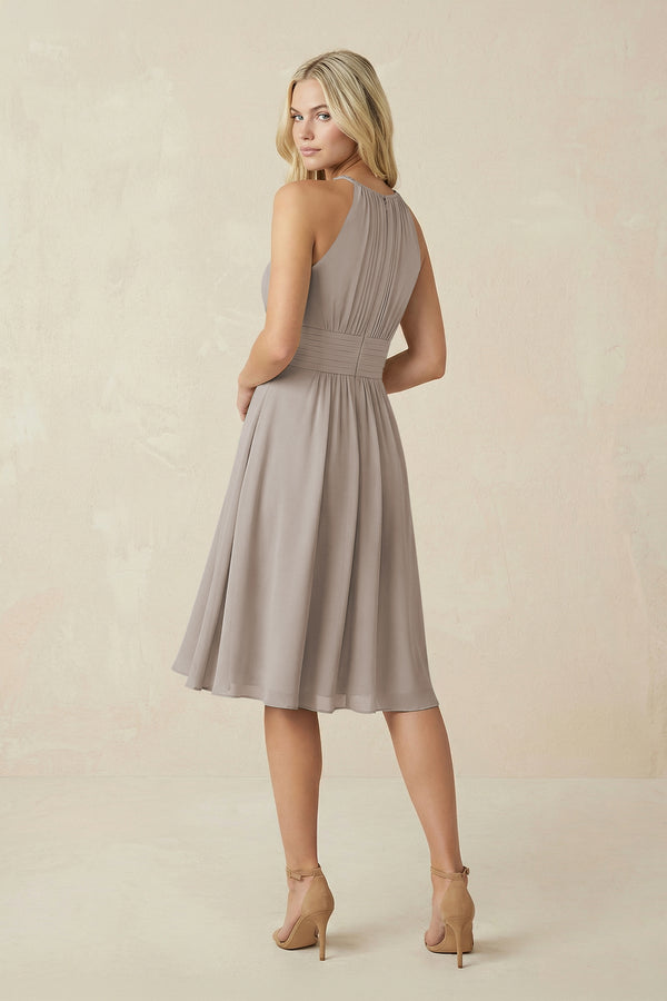 Halter A-Line Chiffon Midi Bridesmaid Dress in Frost (2) | KISSBRIDAL