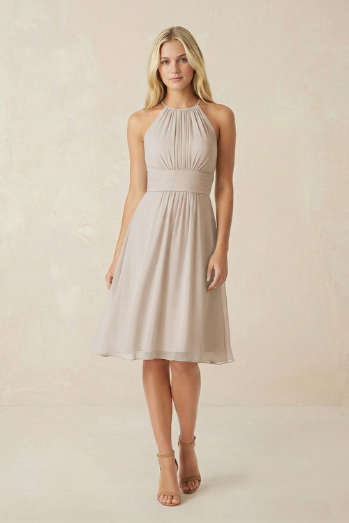 Halter A - Line Chiffon Midi Bridesmaid Dress in Frost - SHE IS ME Bridesmaid Dresses