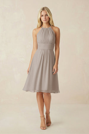 Halter A-Line Chiffon Midi Bridesmaid Dress in Frost | KISSBRIDAL