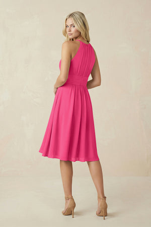 Halter A-Line Chiffon Midi Bridesmaid Dress in Fuchsia (2) | KISSBRIDAL