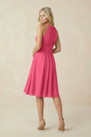 Halter A - Line Chiffon Midi Bridesmaid Dress in Fuchsia - SHE IS ME Bridesmaid Dresses