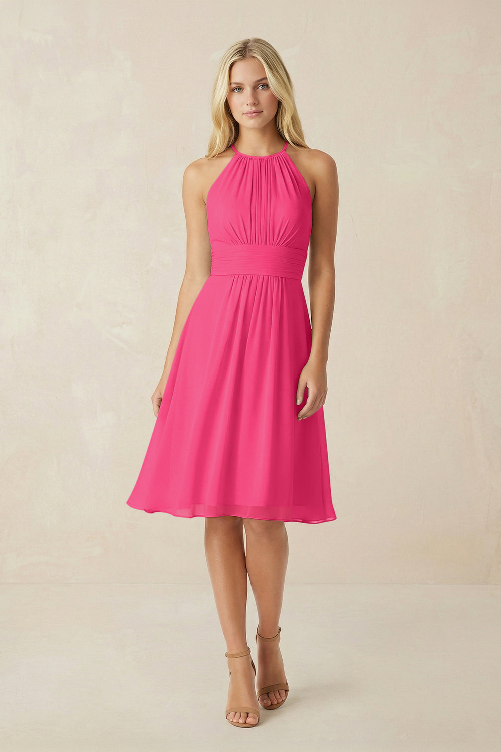 Halter A-Line Chiffon Midi Bridesmaid Dress in Fuchsia