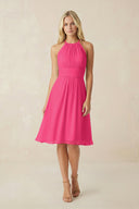 Halter A-Line Chiffon Midi Bridesmaid Dress in Fuchsia | KISSBRIDAL