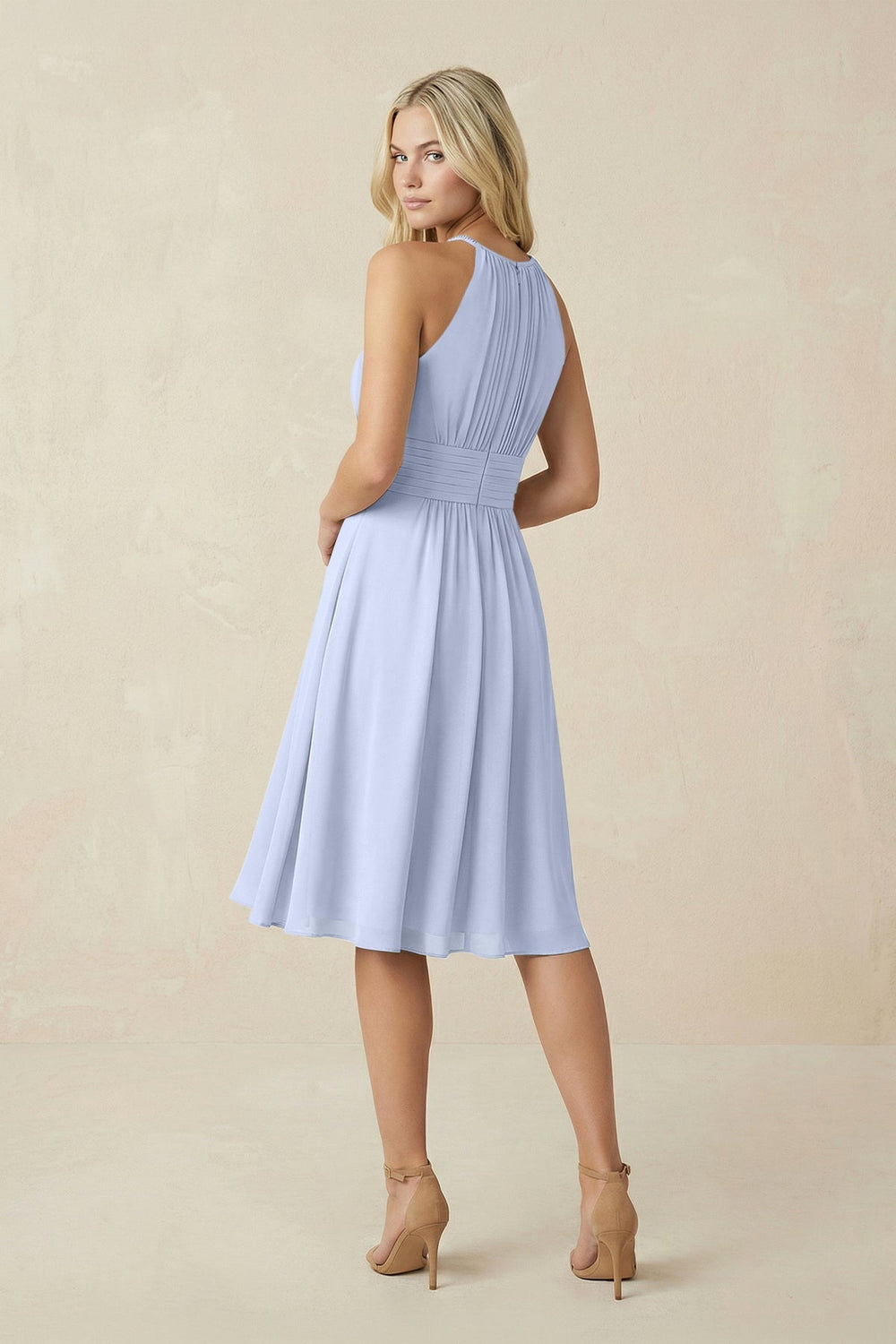 Halter A - Line Chiffon Midi Bridesmaid Dress in Ice - KISS BRIDAL Bridesmaid Dresses