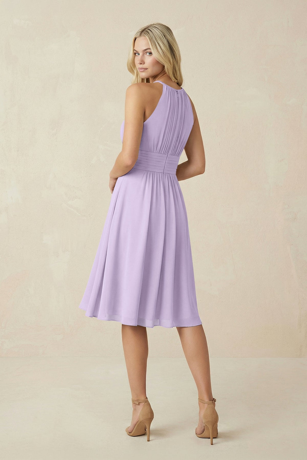 Halter A - Line Chiffon Midi Bridesmaid Dress in Lavender - KISS BRIDAL Bridesmaid Dresses