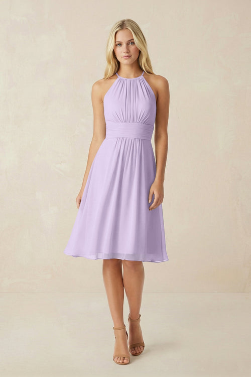 Halter A - Line Chiffon Midi Bridesmaid Dress in Lavender - SHE IS ME Bridesmaid Dresses