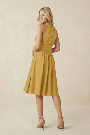 Halter A-Line Chiffon Midi Bridesmaid Dress in Marigold (2) | KISSBRIDAL