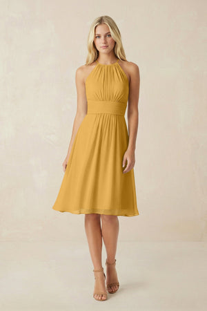 Halter A - Line Chiffon Midi Bridesmaid Dress in Marigold - SHE IS ME Bridesmaid Dresses