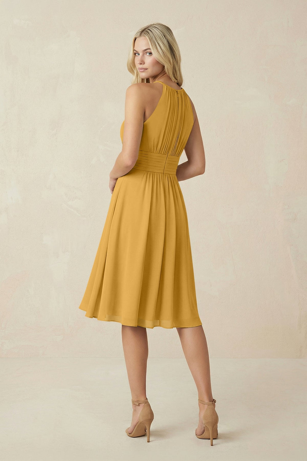 Halter A - Line Chiffon Midi Bridesmaid Dress in Marigold - KISS BRIDAL Bridesmaid Dresses