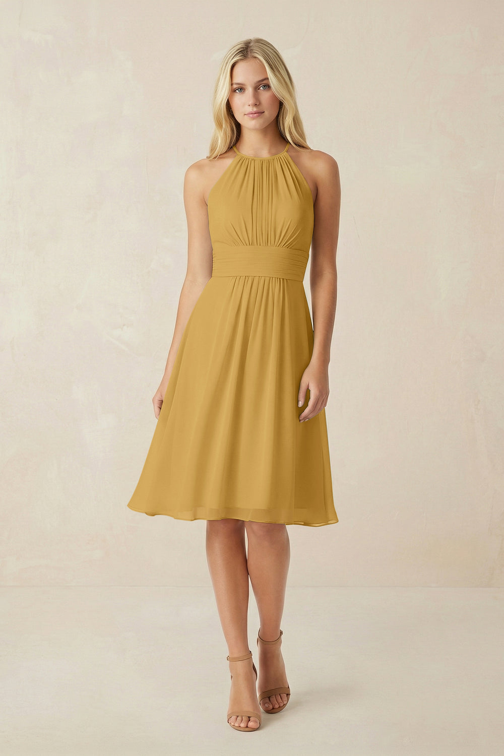 Halter A-Line Chiffon Midi Bridesmaid Dress in Marigold