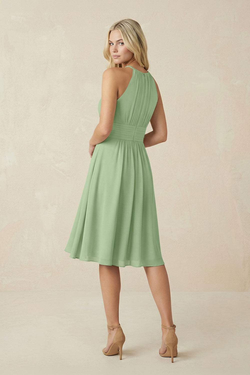 Halter A-Line Chiffon Midi Bridesmaid Dress in Matcha