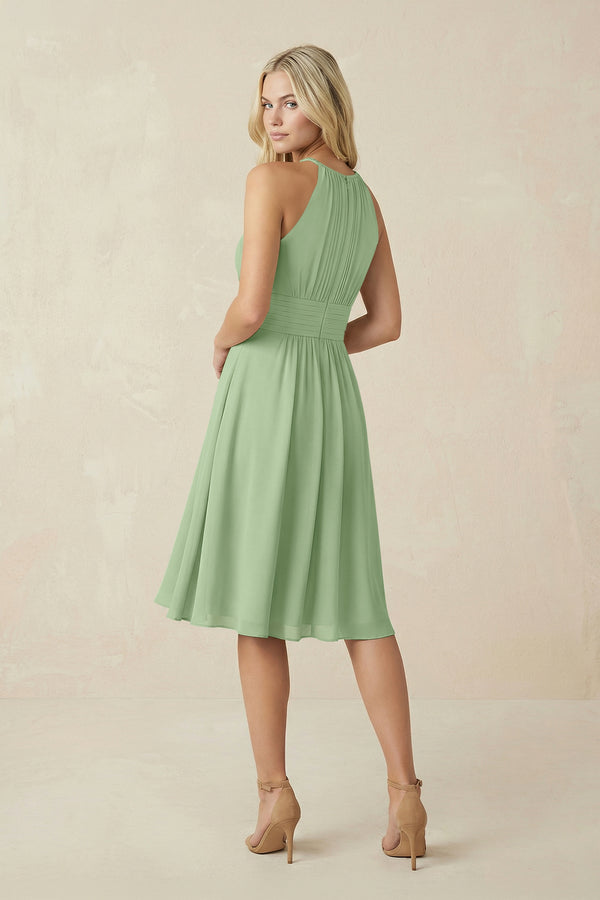 Halter A-Line Chiffon Midi Bridesmaid Dress in Matcha (2) | KISSBRIDAL