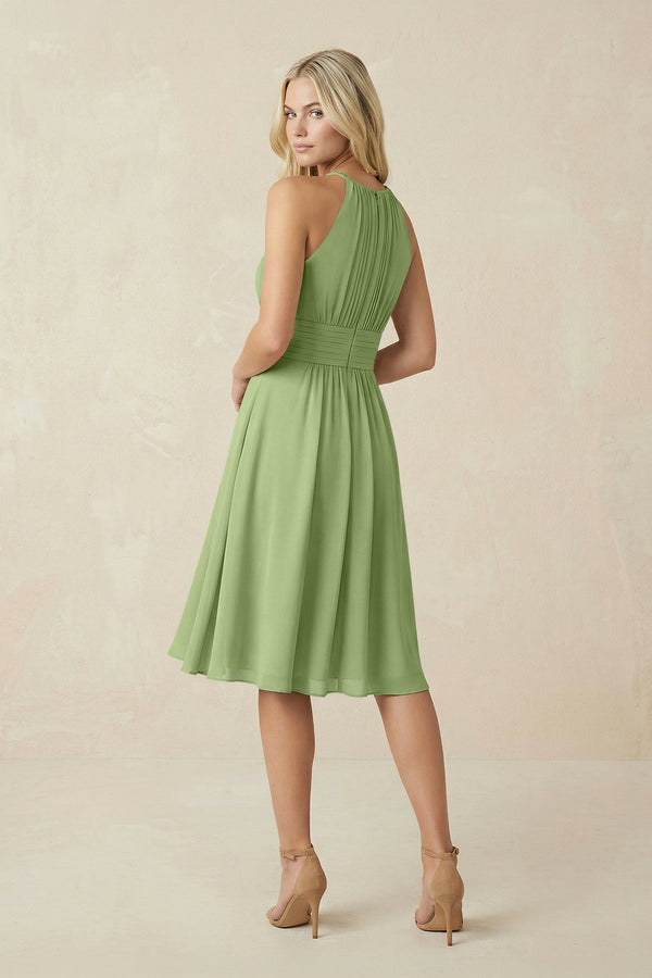 Halter A - Line Chiffon Midi Bridesmaid Dress in Matcha - SHE IS ME Bridesmaid Dresses
