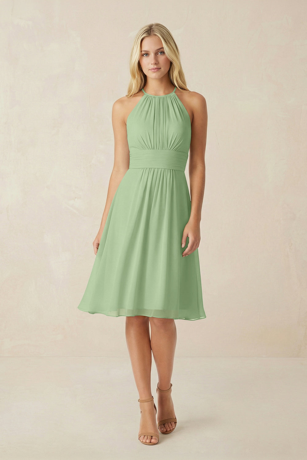 Halter A-Line Chiffon Midi Bridesmaid Dress in Matcha