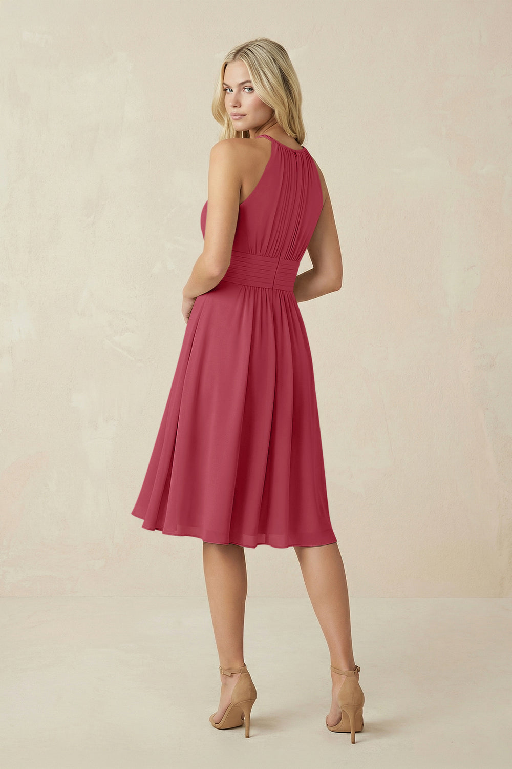Halter A-Line Chiffon Midi Bridesmaid Dress in Merlot